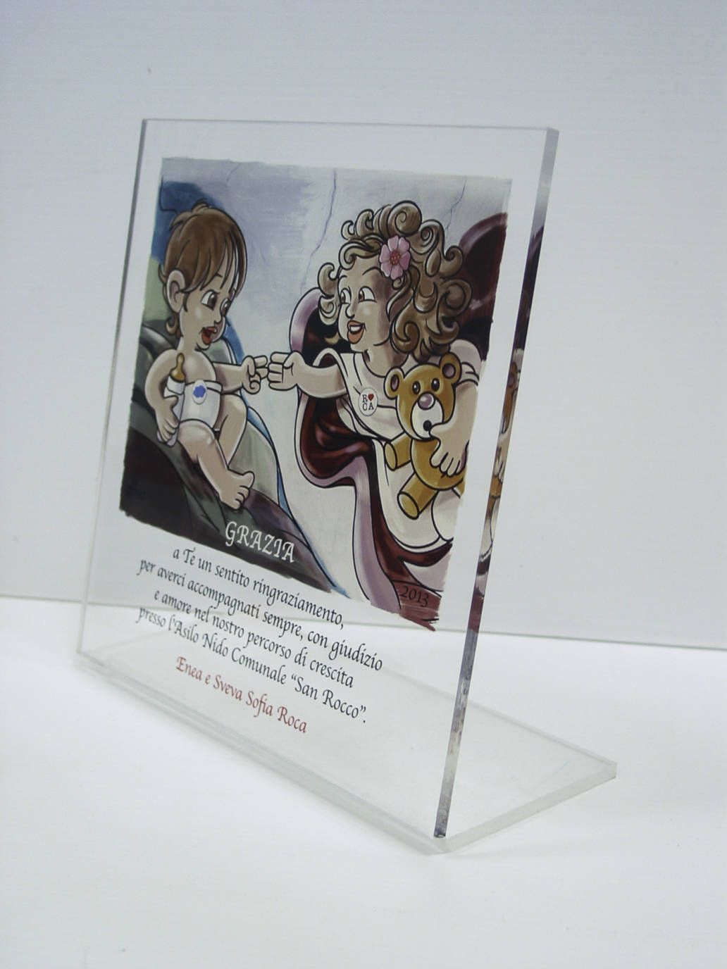 Trofeo personalizzato in plexiglass trasparente con disegno stampato